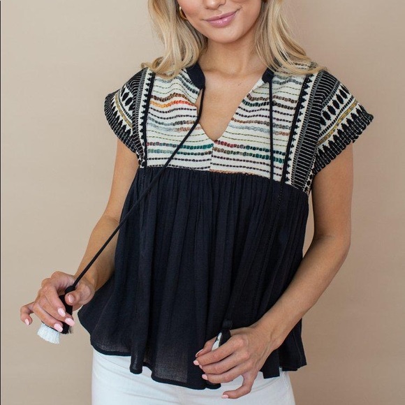 Anthro THML Black Embroidered Tassel Tie Babydoll Blouse Top - Picture 2 of 12